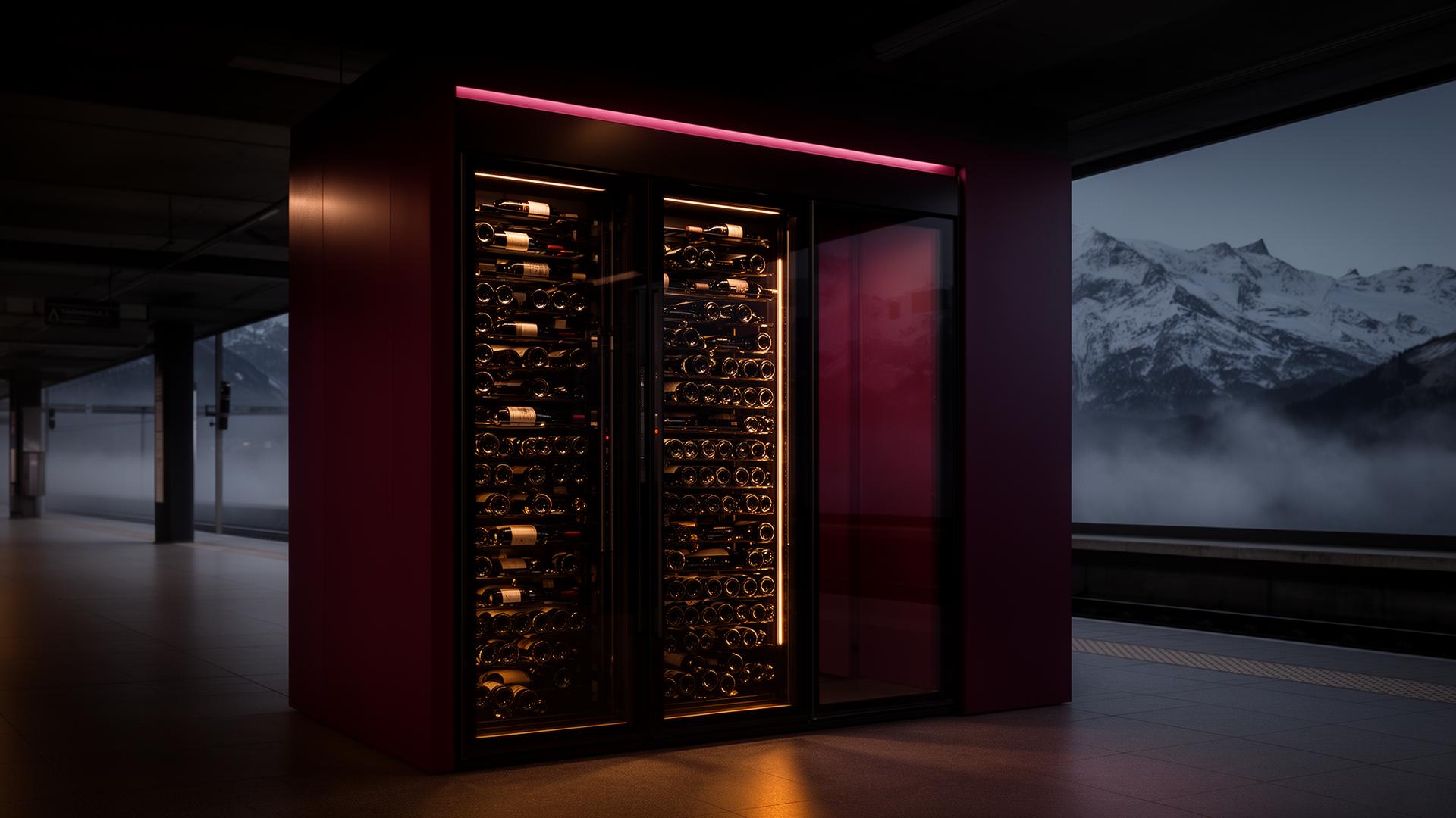 A VinX wine vault glowing in a Swiss train station at night