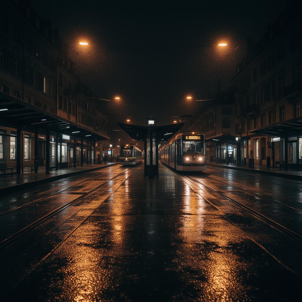 Rainy Zürich tram station at night